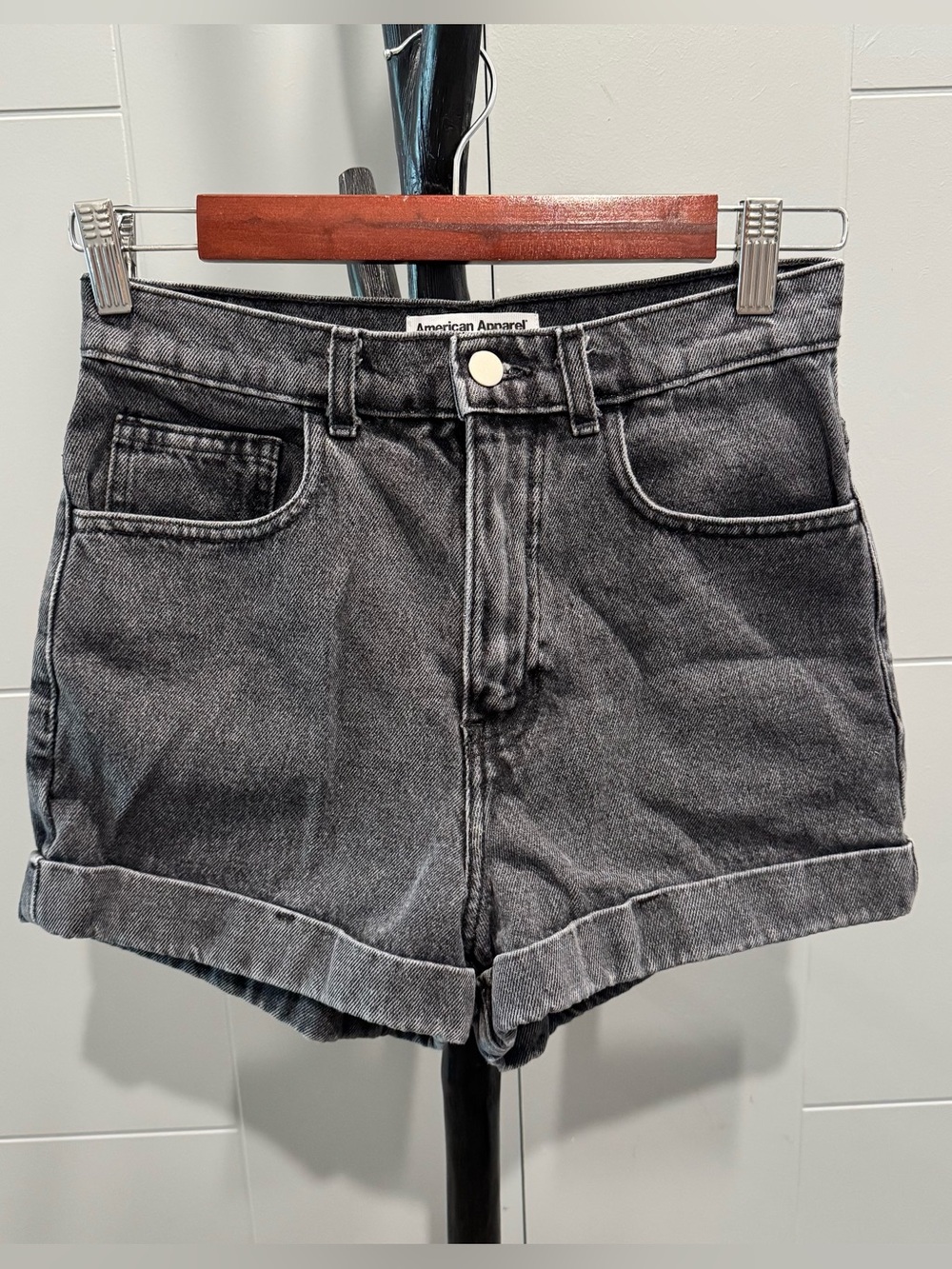 American Apparel Jeans Stone Wash Black High Waist Denim Shorts Size 26
